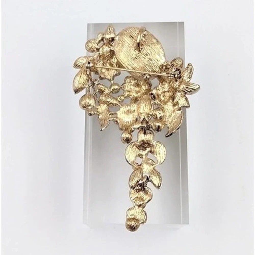 Botanical Rhinestone Brooch Pendant‎ Gold Tone Large Floral Garden Fairy Spring